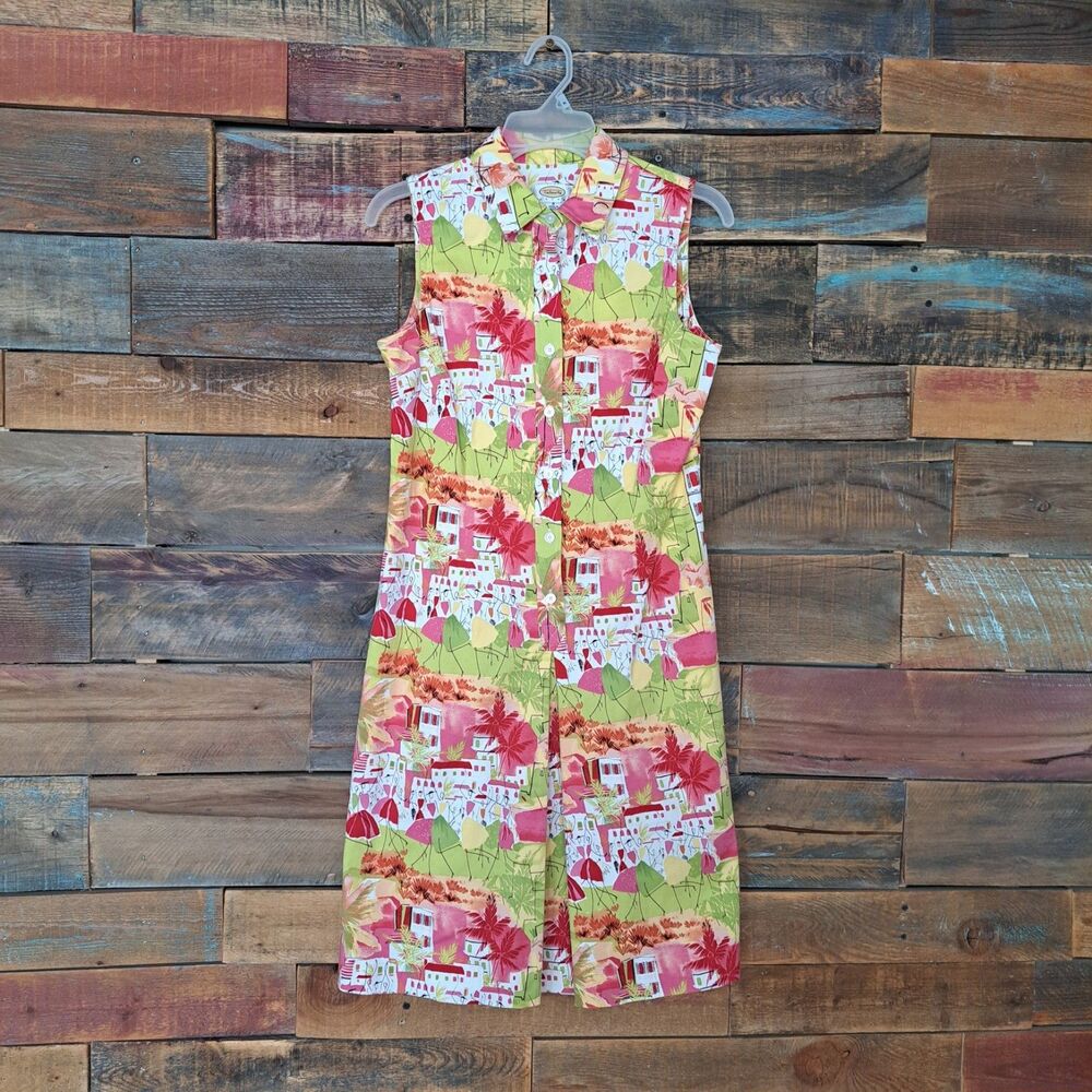 Talbots Petite Sz 8 Women's Sleeveless Shirt Dress 97% Cotton Pink Green Stretch